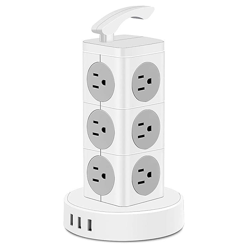 Power Strip Tower Surge Protector, 12 AC Outlets 3 Ports Electric Charging Station with 6.6 ft Extension Cord, 3000W 13A Desktop Power Strip with Handle, Circuit Breaker Safeguard Home Office