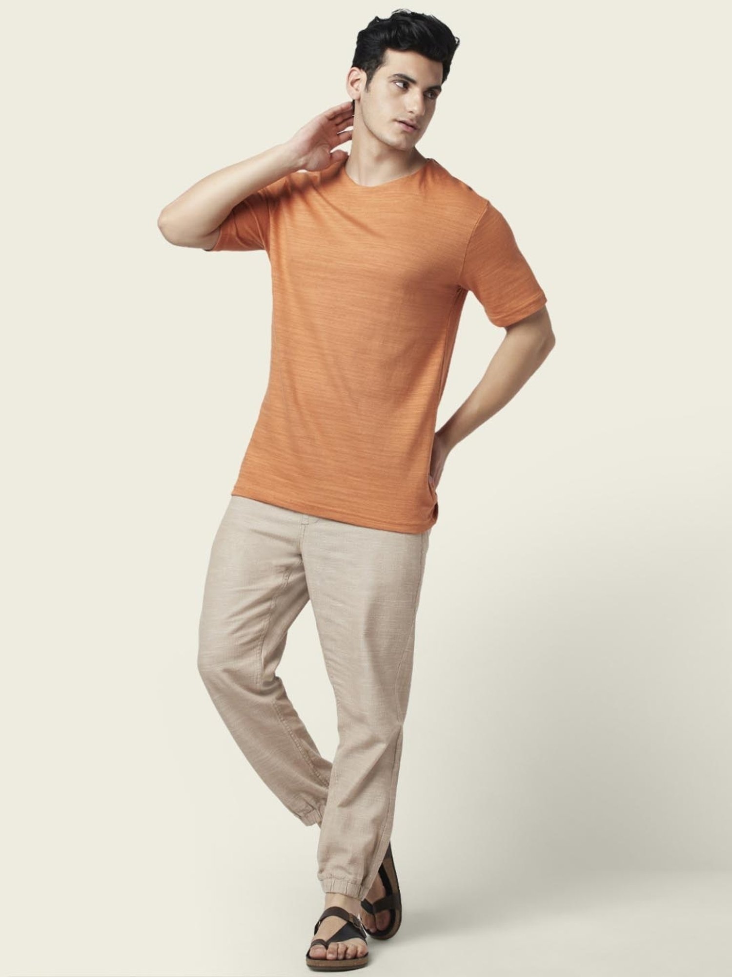7 Alt by Pantaloons Rusty Orange Cotton Relaxed Fit Self Pattern T-Shirt