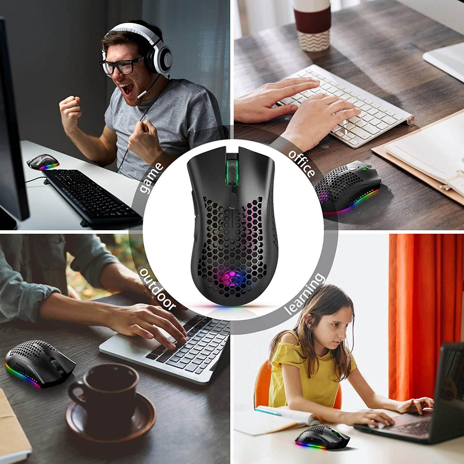 Gaming Mouse Wireless Rechargeable USB Mouse Gaming RGB Chroma Backlit Mouse Hyperspeed Comfortable Grip Ergonomic Optical Mice with Honeycomb Shell for PC Computer Laptop