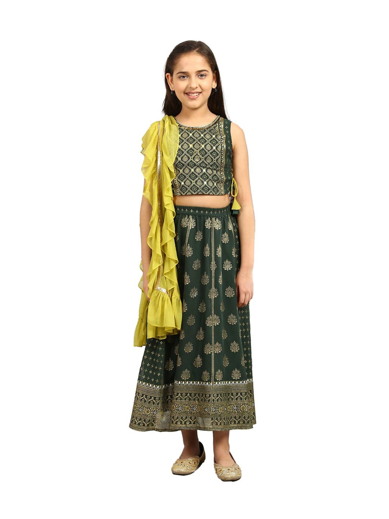 Aurelia Kids Green & Yellow Embellished Top, Skirt with Dupatta