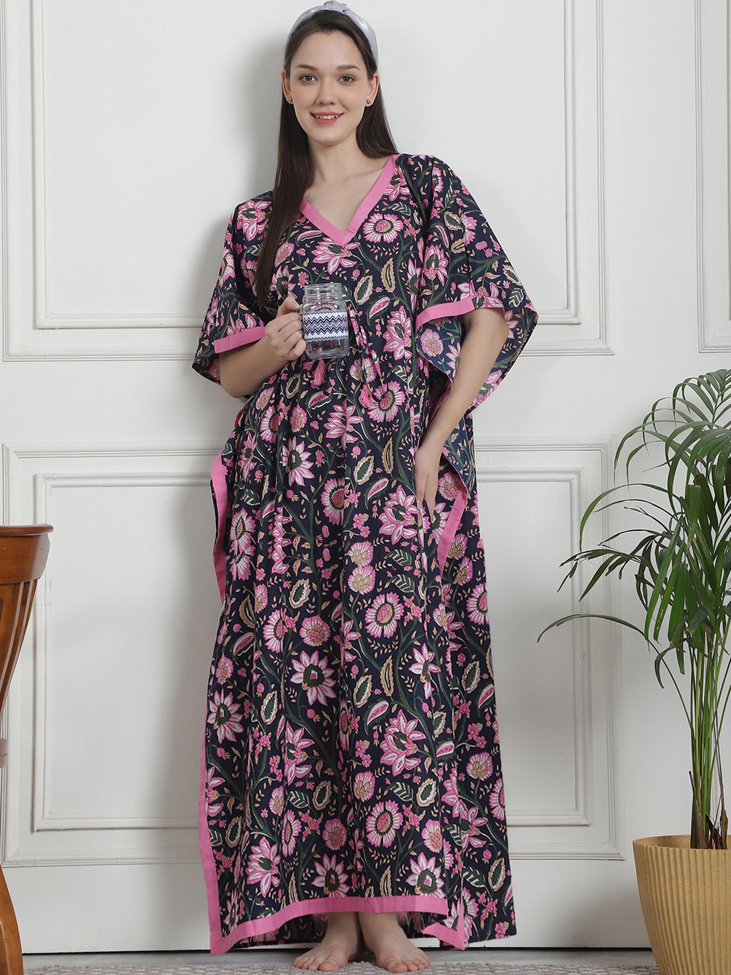 Secret Wish Navy Floral Print Kaftan Nighty