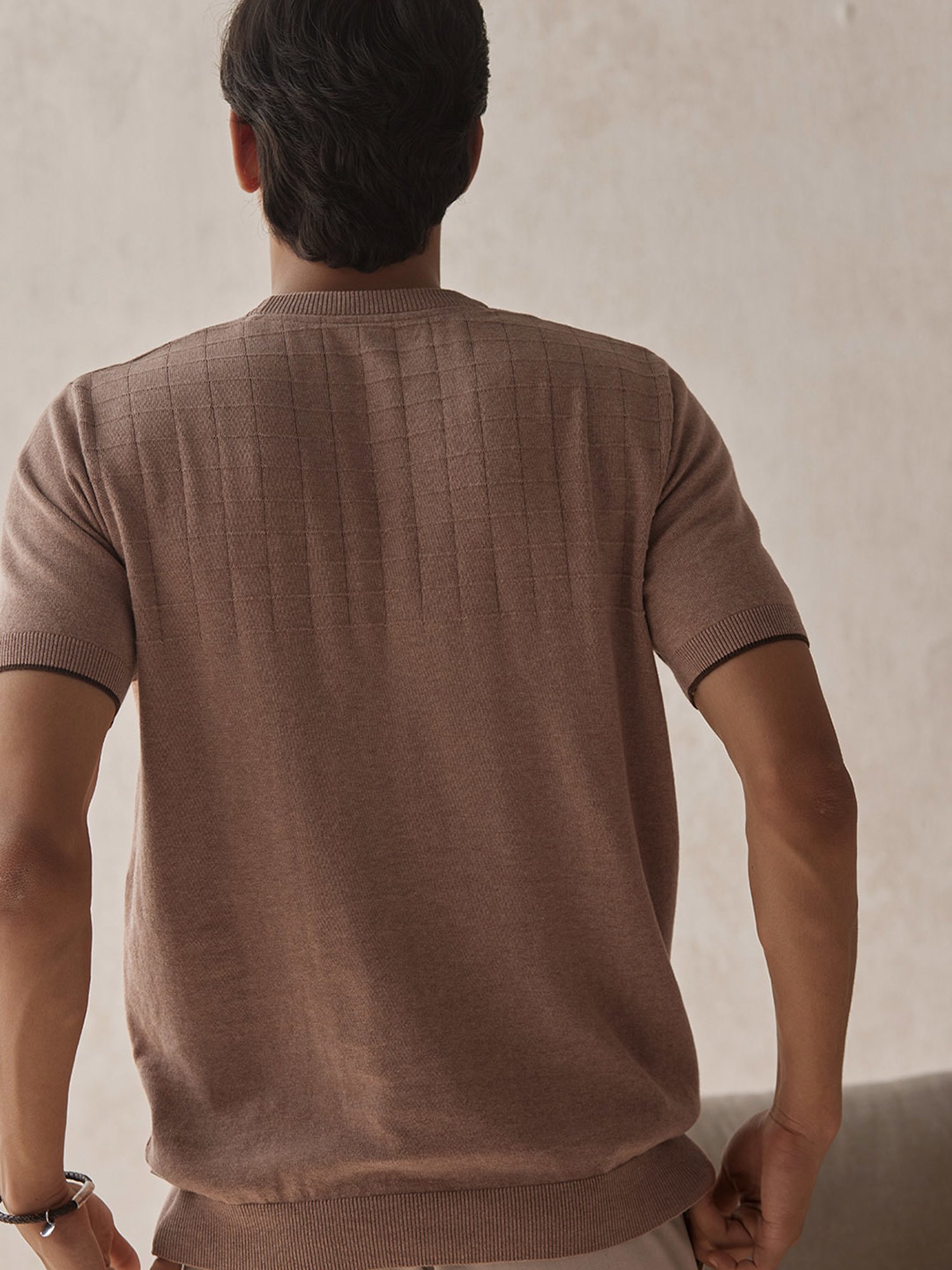 ANDAMEN Brown Regular Fit Textured Cotton Crew T-Shirt