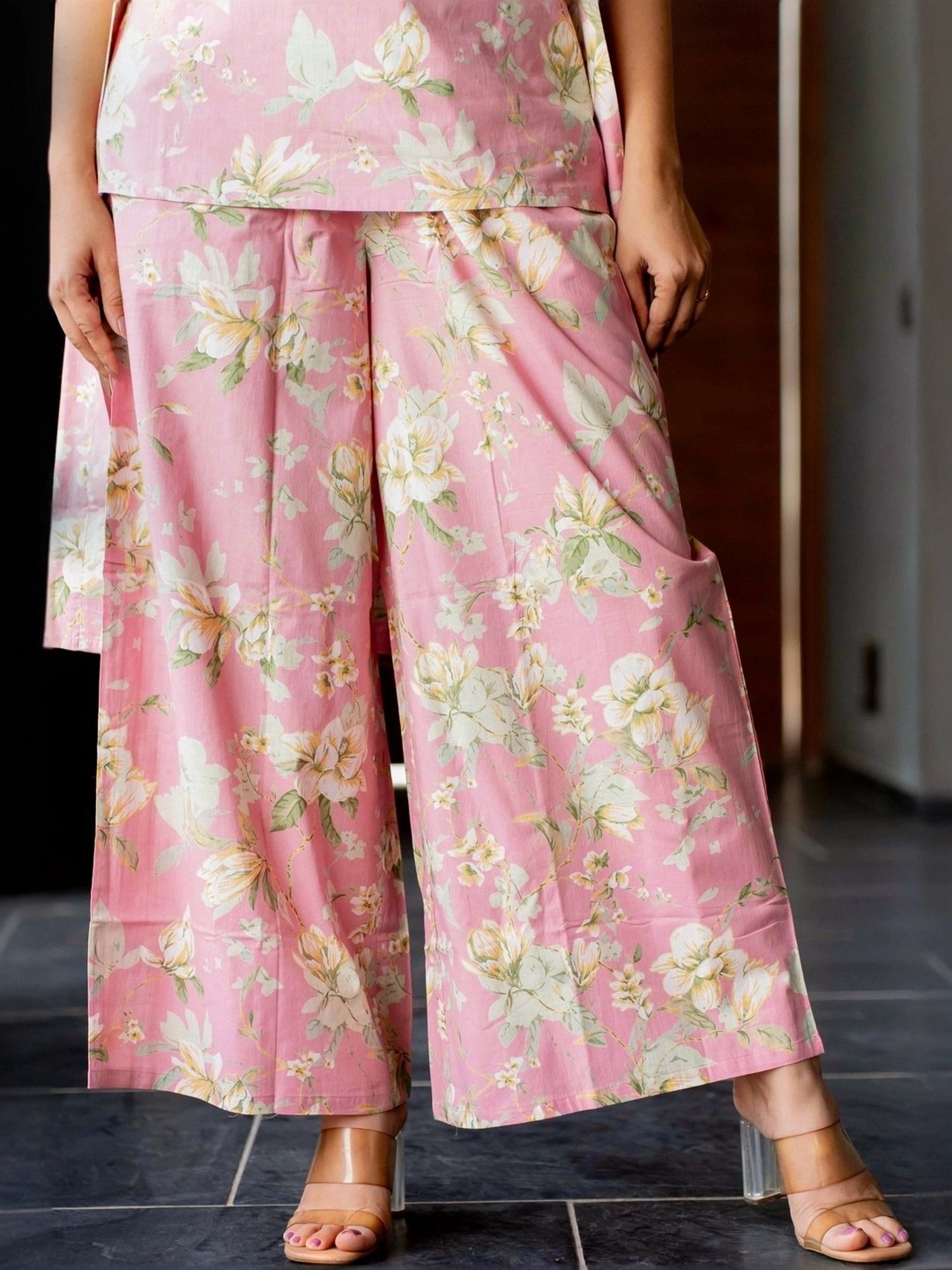 MIRCHI FASHION Pink Cotton Printed Top Palazzo Set With Shrug