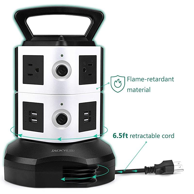 Power Strip Tower  Surge Protector Electric Charging Station 3000W 13A 6 AC Outlets 4 USB Ports with 16AWG 6.5ft Heavy Duty Extension Cord for Home Office