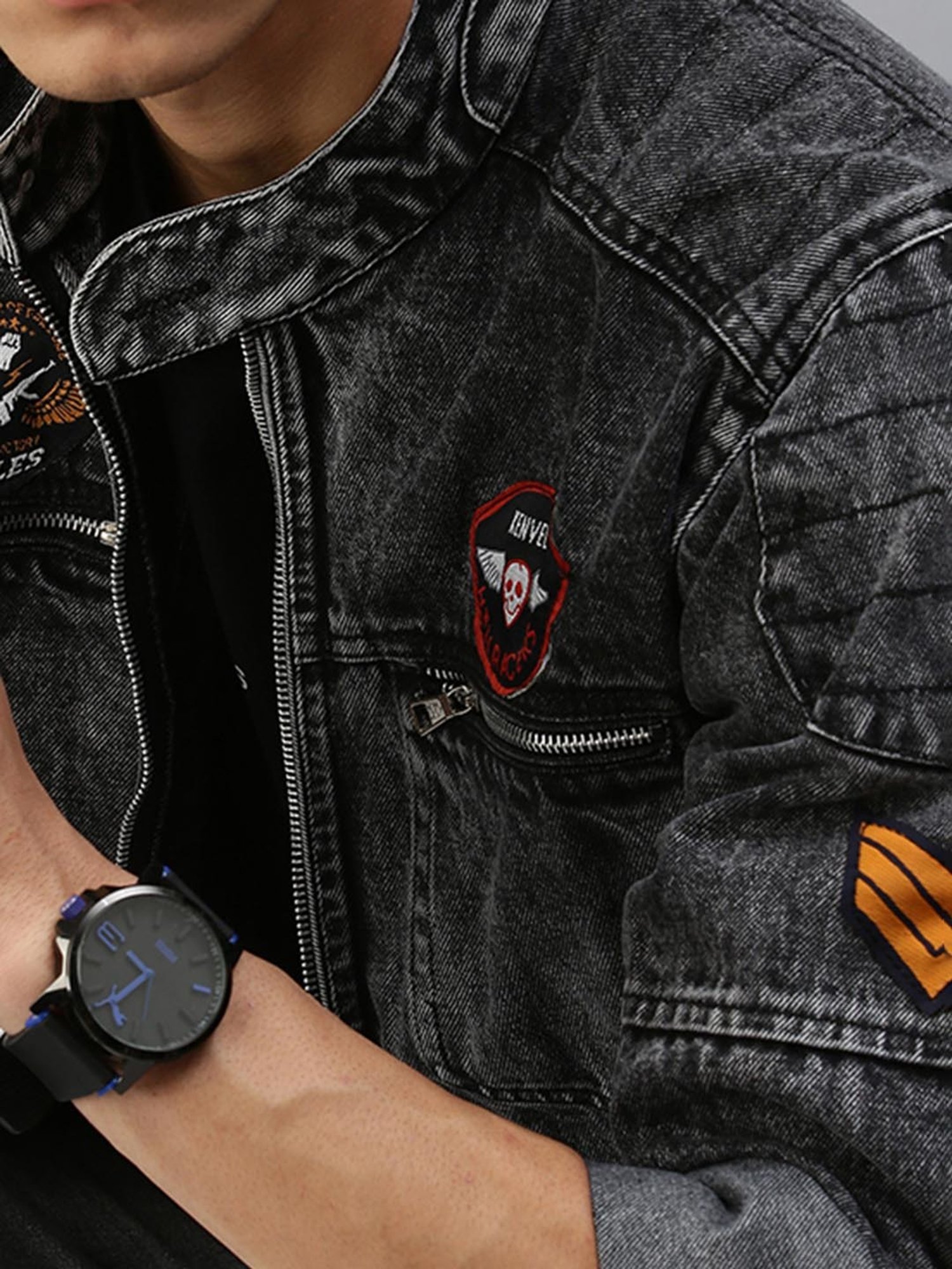 VOXATI Grey Full Sleeves Mandarin Collar Denim Jacket