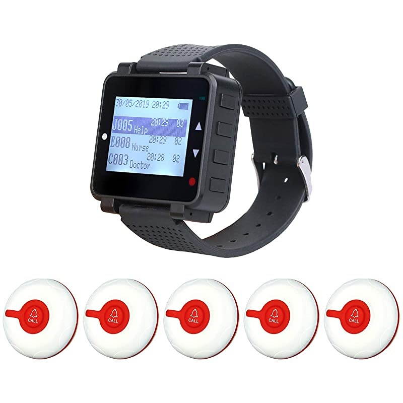 T128 Caregiver Pager,Nurse Call System,Sound Alert,Help Button,1 PC Watch Pager,5 PCS TD009 Call Buttons for Elderly,Patient,Disable