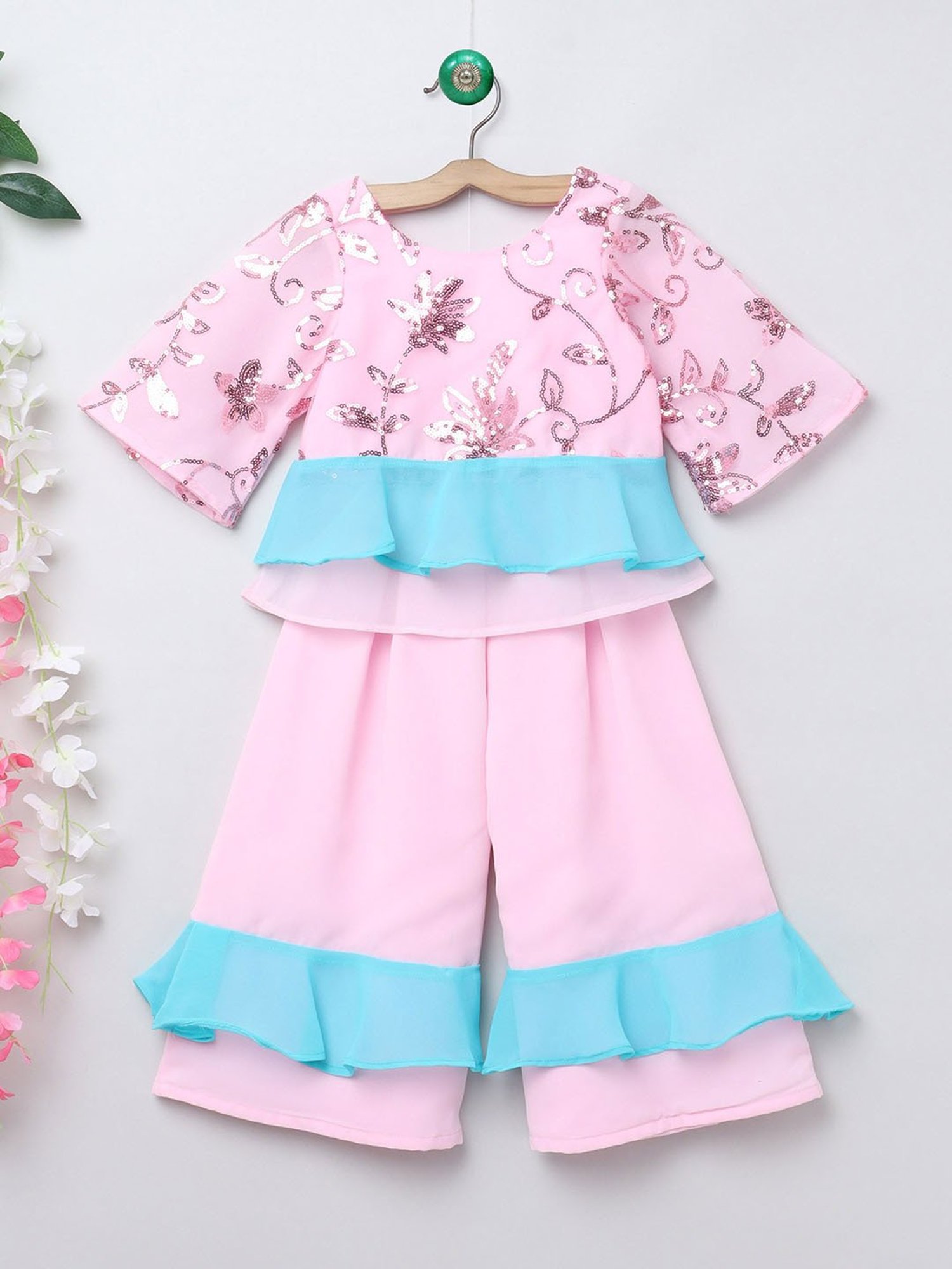 Many Frocks Kids Pink & Blue Embellished Top with Plazzo