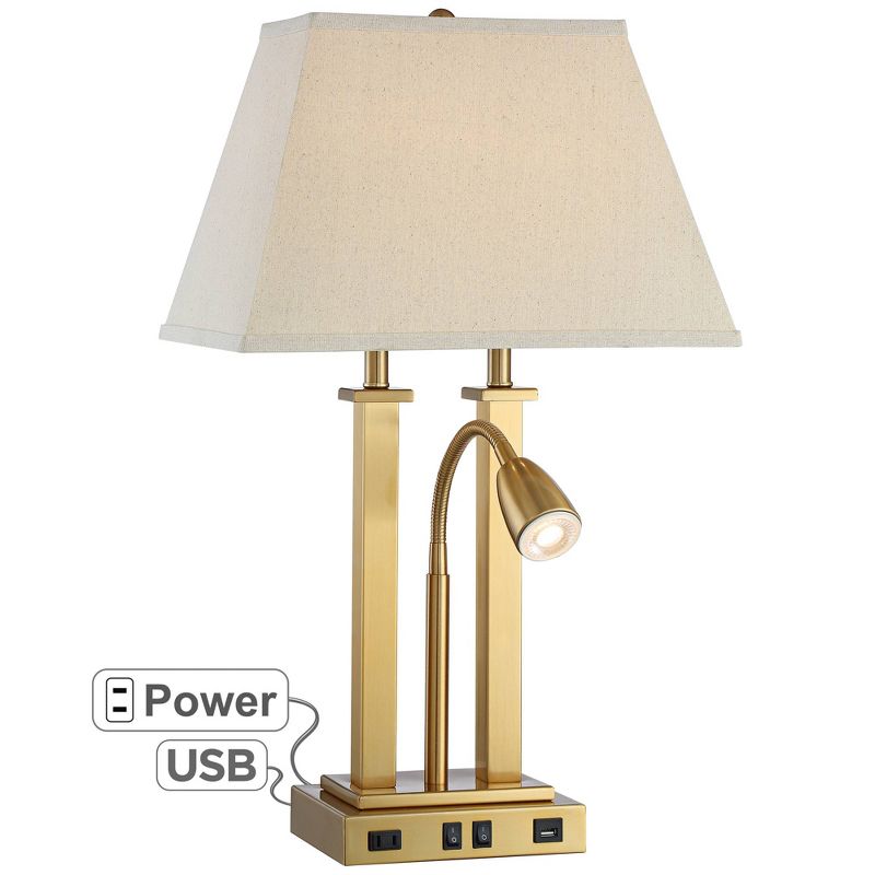 Possini Euro Design Modern Desk Table Lamp with USB and AC Power Outlet in Base LED Antique Brass Oatmeal Shade for Bedroom Office