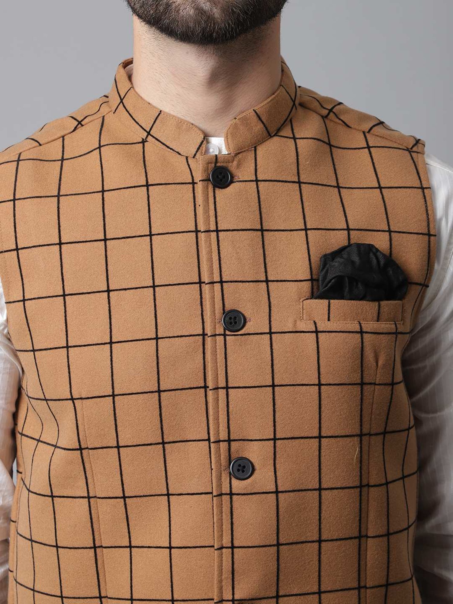 Even Beige Regular Fit Checks Nehru Jacket