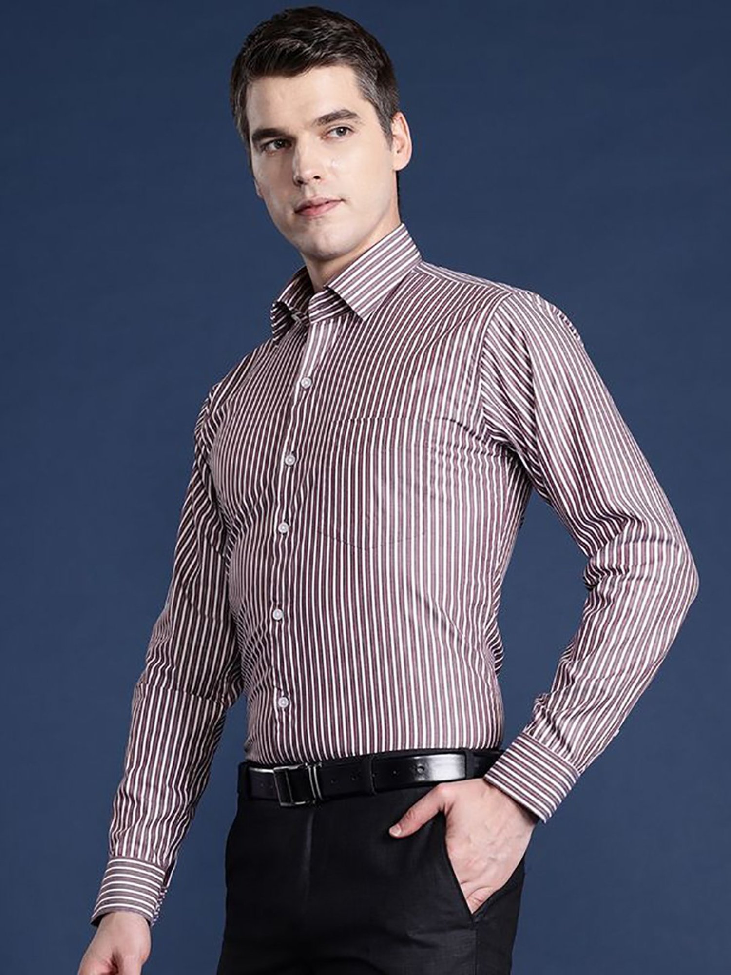 Hancock Red Cotton Slim Fit Stripes Shirts