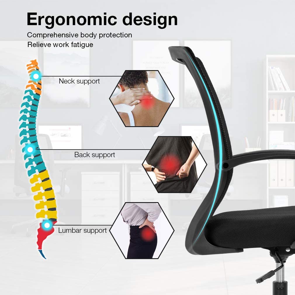 Ergonomic Office Chair Desk Computer Mesh Executive Task Rolling Gaming Swivel Modern Adjustable with Mid Back Lumbar Support Armrest for Home Women Men, Black