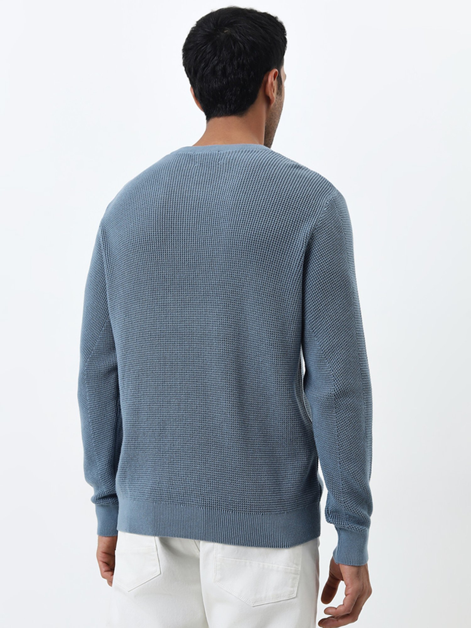 Ascot by Westside Dusty Blue Knitted Relaxed-Fit Cotton Sweater