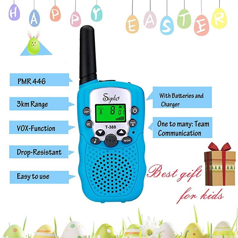 Kids Walkie Talkies Rechargeable Walky Talky 22CH FRS 2 Way Radio Kids Toy with MultiCharger Rechargeable Batteries VOX and Torch Blue 8 rechargeable batteries