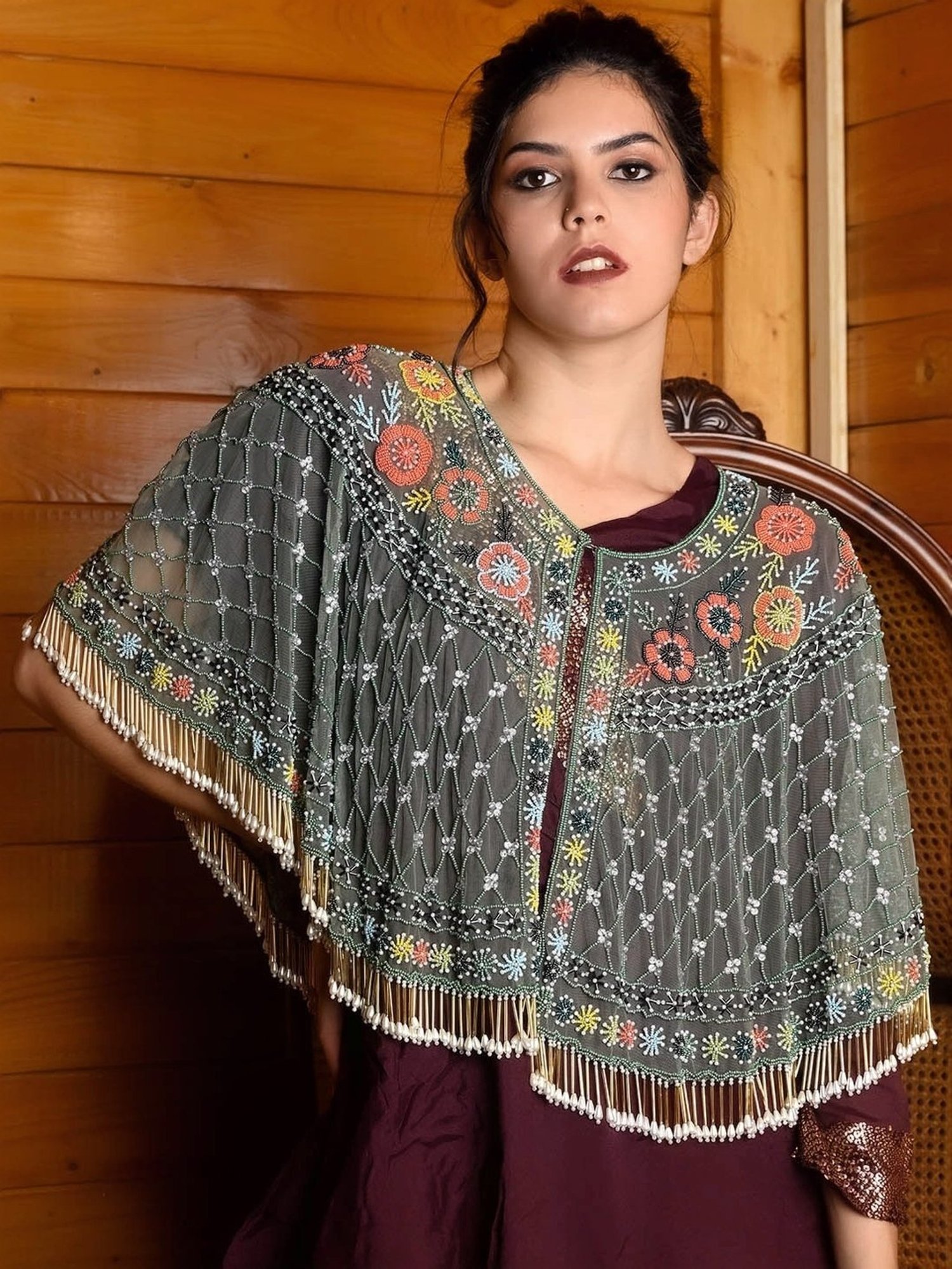 Odette Green Embellished Fancy Cape