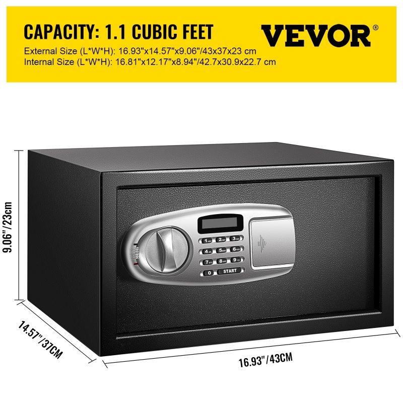VEVOR Security Safe 1 Cubic Feet, Electronic Safe Box, with LCD Screen and Keypad Lock, Digital Safe Box, with Two Keys, Solid Steel Construction Great for Home, Hotel and Office
