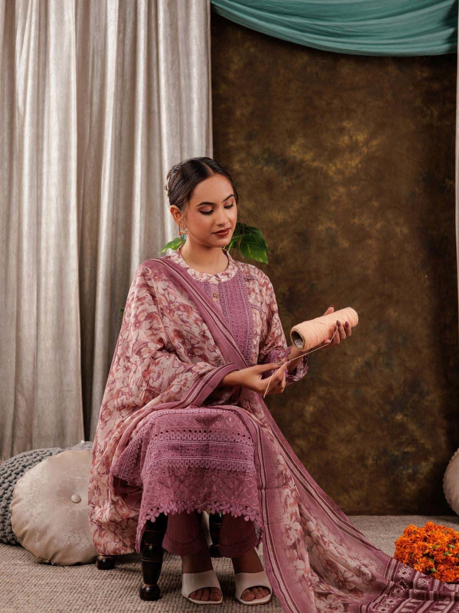 Yufta Purple Cotton Printed Kurta Pant Set With Dupatta