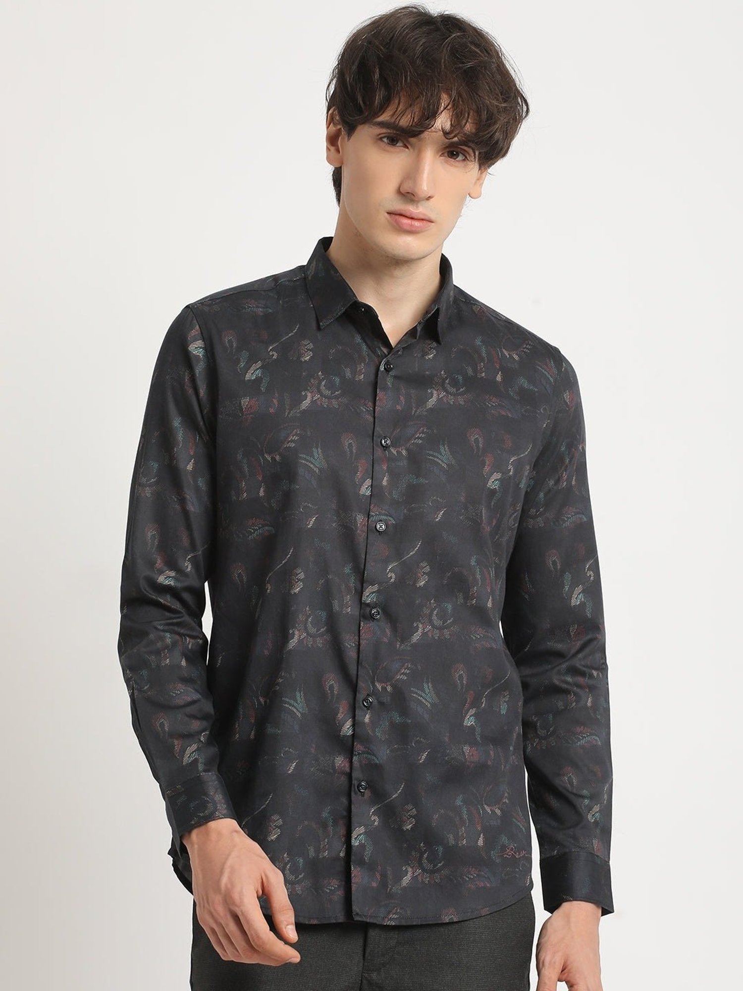 The Bear House Black Cotton Slim Fit Printed Shirt