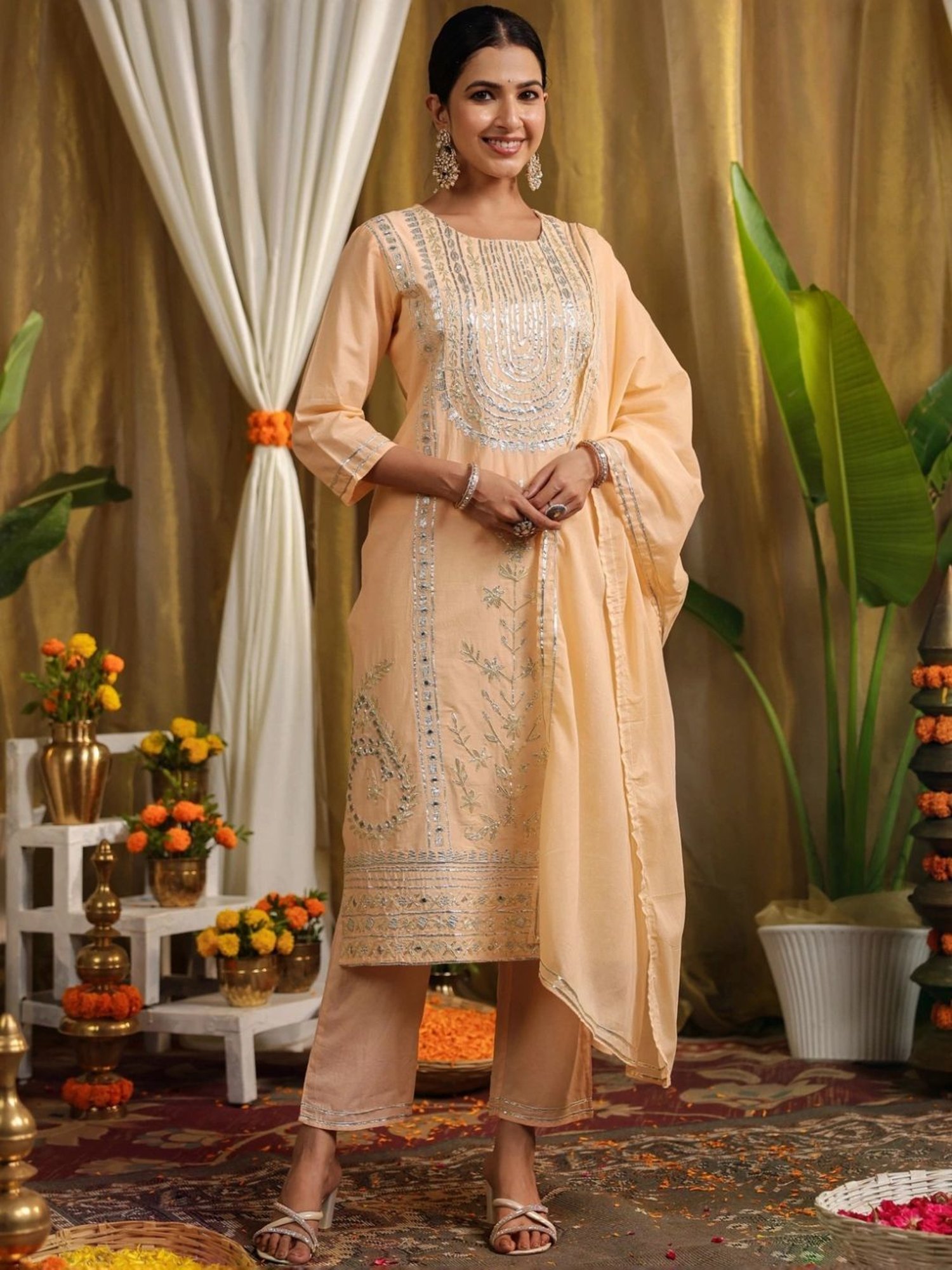 SCAKHI Peach Cotton Gota & Mirror Work Kurta and Pant With Dupatta
