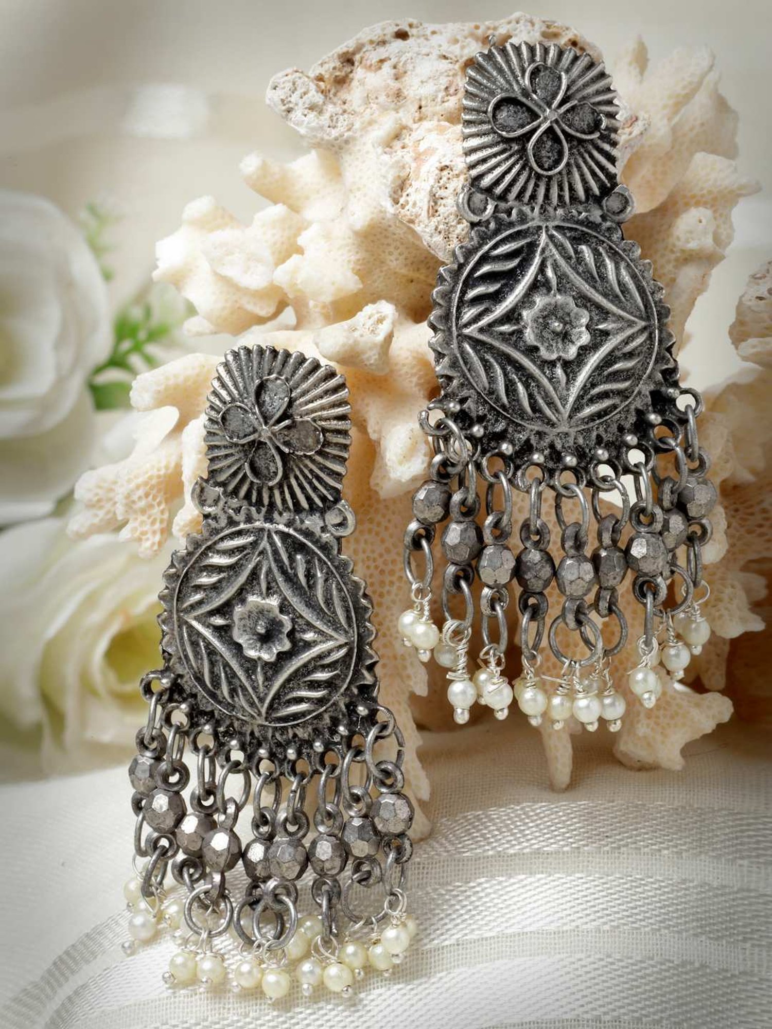 Moedbuille Ghungroo and Pearls Tasselled Design Oxidised Silver Handcrafted Antique Earrings