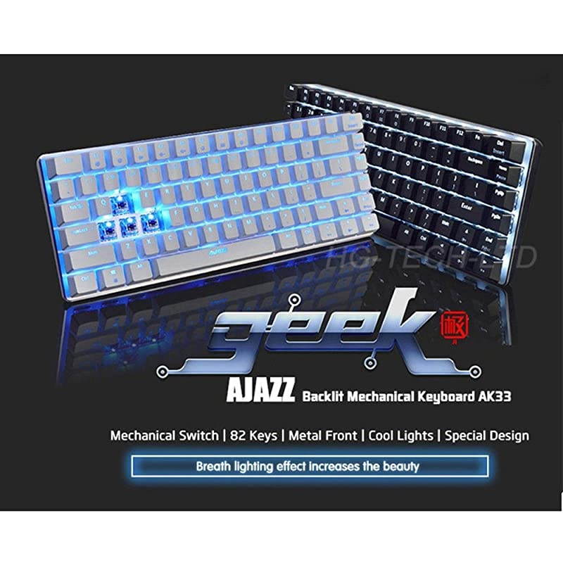 Wired Gaming Keyboard Ajazz AK33 Blue LED Backlit 82 Keys USB Mechanical Pro Gamer Keypad for Office Typists Playing Game Black Switch Black