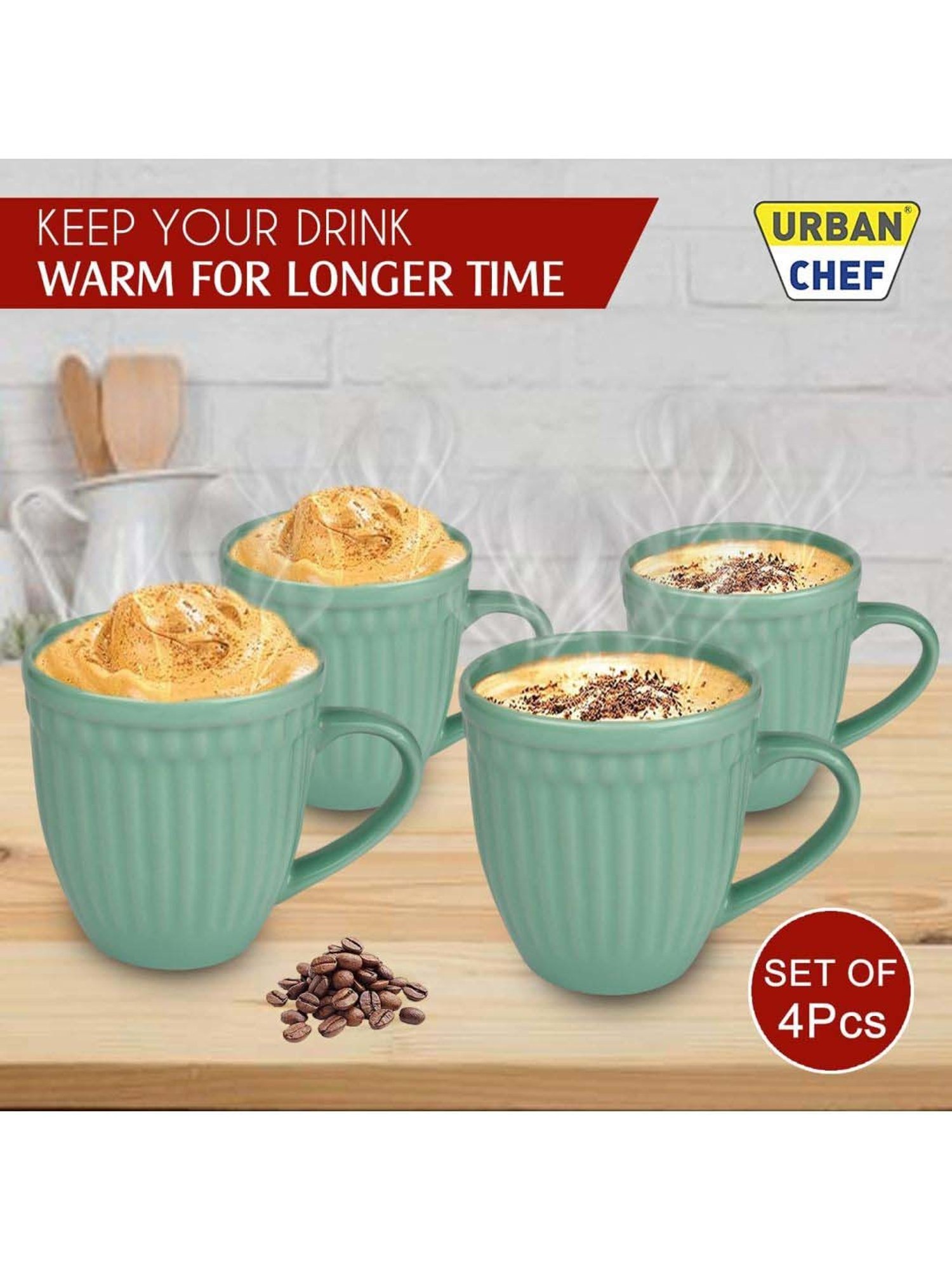 Urban Chef Green Ceramic Handcrafted Microwave Safe Tea Cup - Set of 4