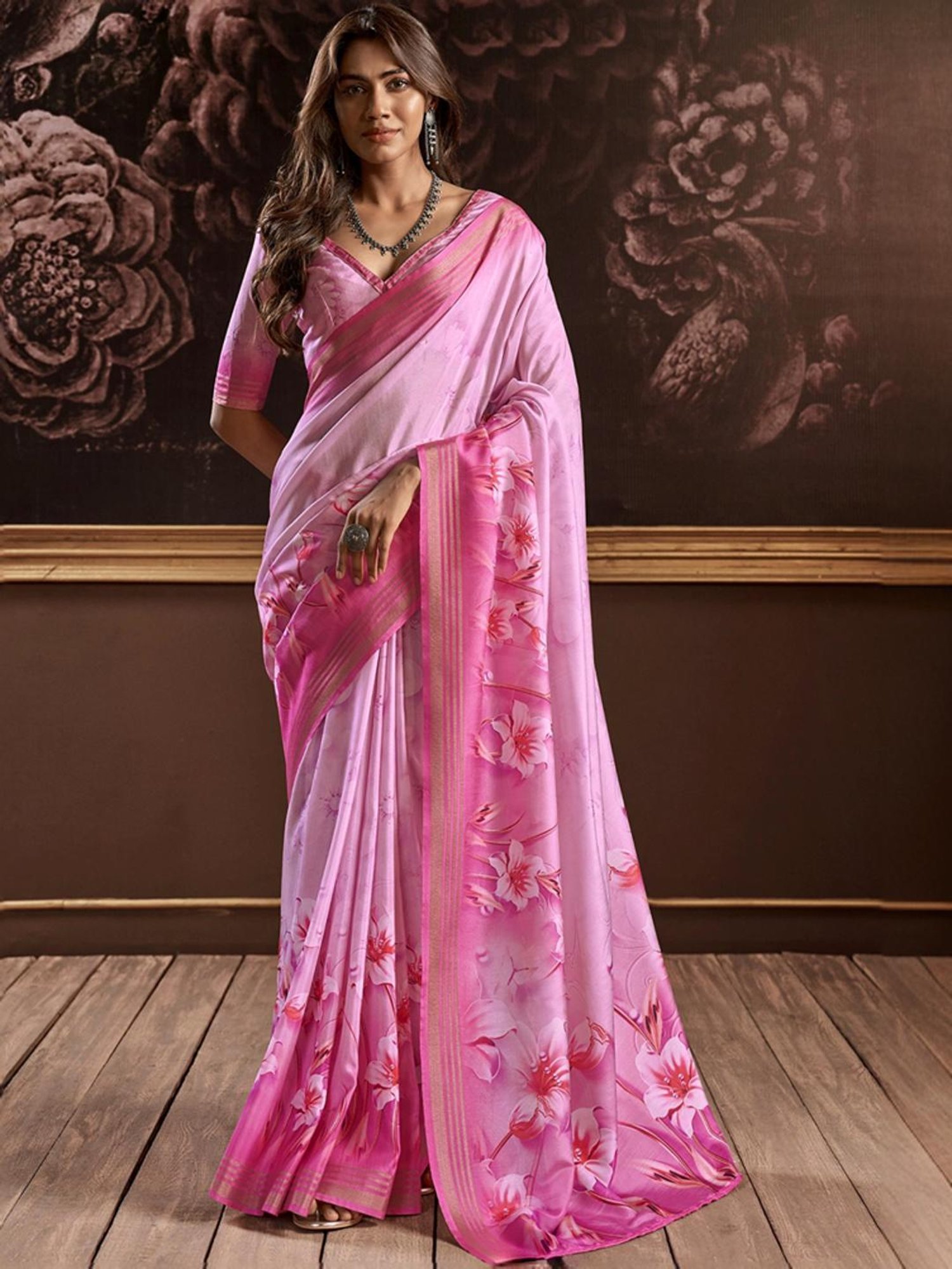 Satrani Pink Floral Print Saree With Unstitched Blouse