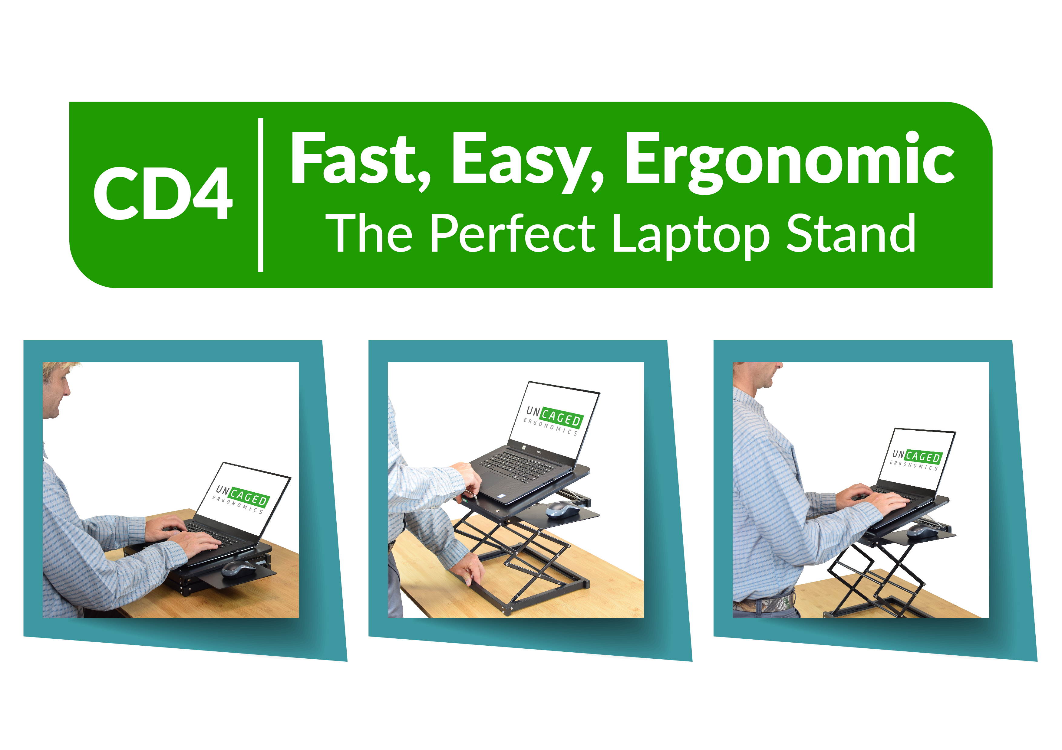 CD4 Laptop Standing Desk Converter ergonomic adjustable height tilt laptop desk stand sit stand up desktop riser topper for laptops small compact portable folding lightweight with mouse pad small