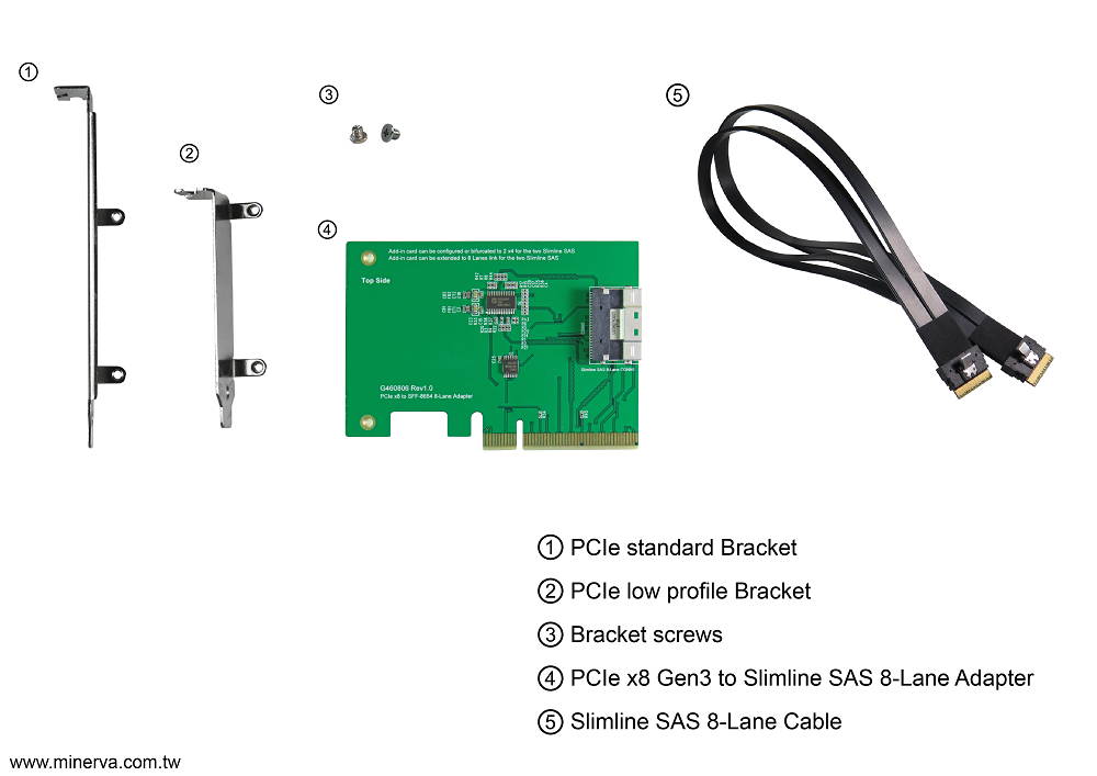 PE0804 - PCIe Gen3 8-lane to Slimline SAS (SFF-8654 8i) Add-in Card(AIC) with Slimline SAS 8-Lane to Slimline SAS 8-Lane Cable KIT