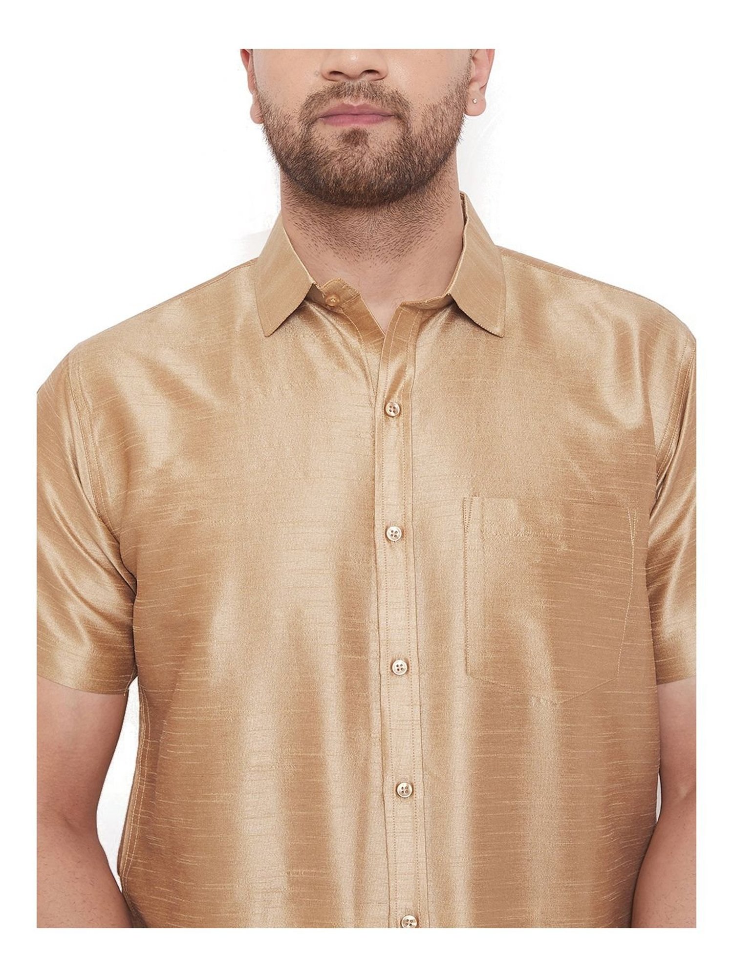 VASTRAMAY Beige Straight Fit Self Pattern Ethnic Shirt