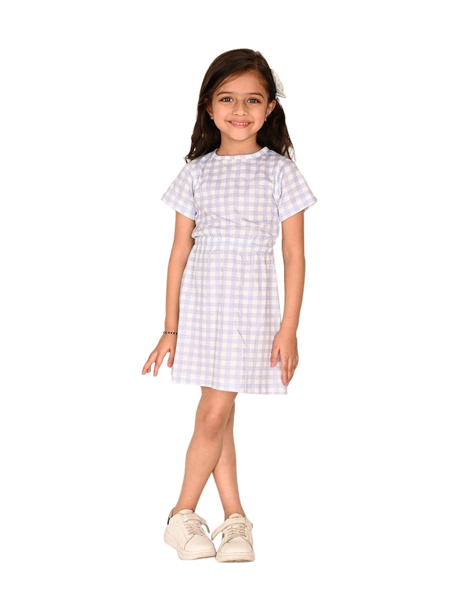 LilPicks Kids White & Blue Cotton Chequered Dress