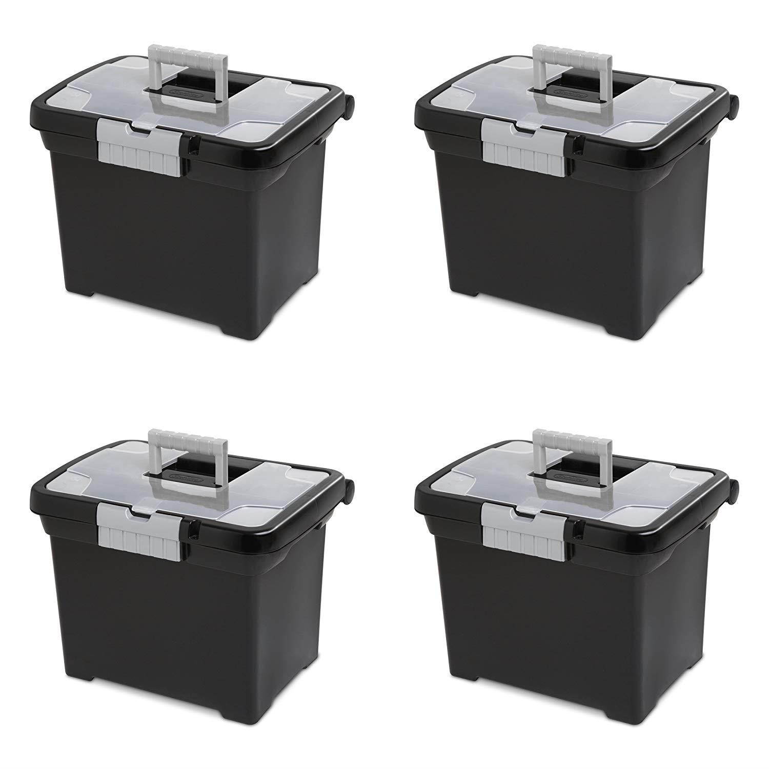 Sterilite 18719004 Portable File Box, Black with Clear Storage Lid and Titanium Handle and Latch, 4-Pack