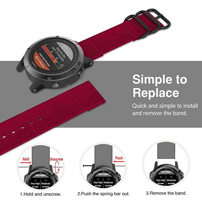 Band Compatible with Garmin Fenix 6/Fenix 6 Pro/Fenix 5/5 Plus/Forerunner 935/945/Quatix 6/Approach S62/S60, Fine Woven Nylon Adjustable Replacement Strap with Metal Buckle - Red