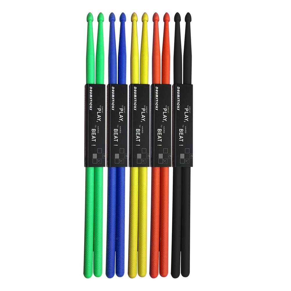 5 Pairs of Nylon Drumstick Drum Sticks Set Wood Tip Drumstick Percussion Lightweight (Yellow Red Green Blue Black)