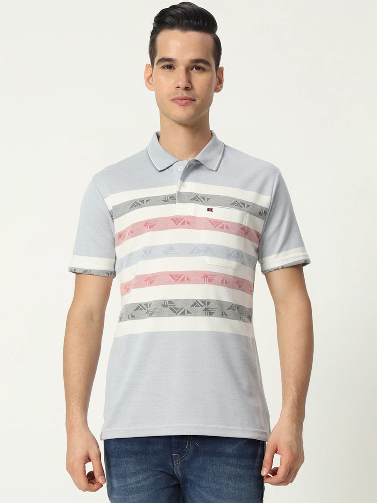 Tab91 Grey Regular Fit Striped Polo T-Shirts