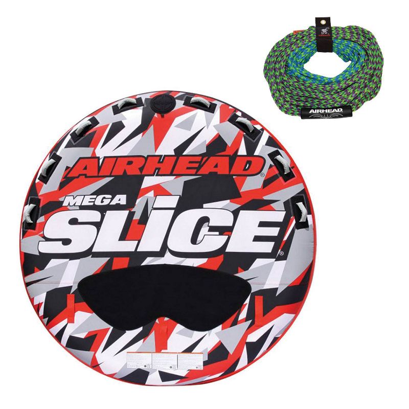 Airhead Mega Slice Inflatable 4 Rider Towable Tube Water Raft with 60ft. Rope