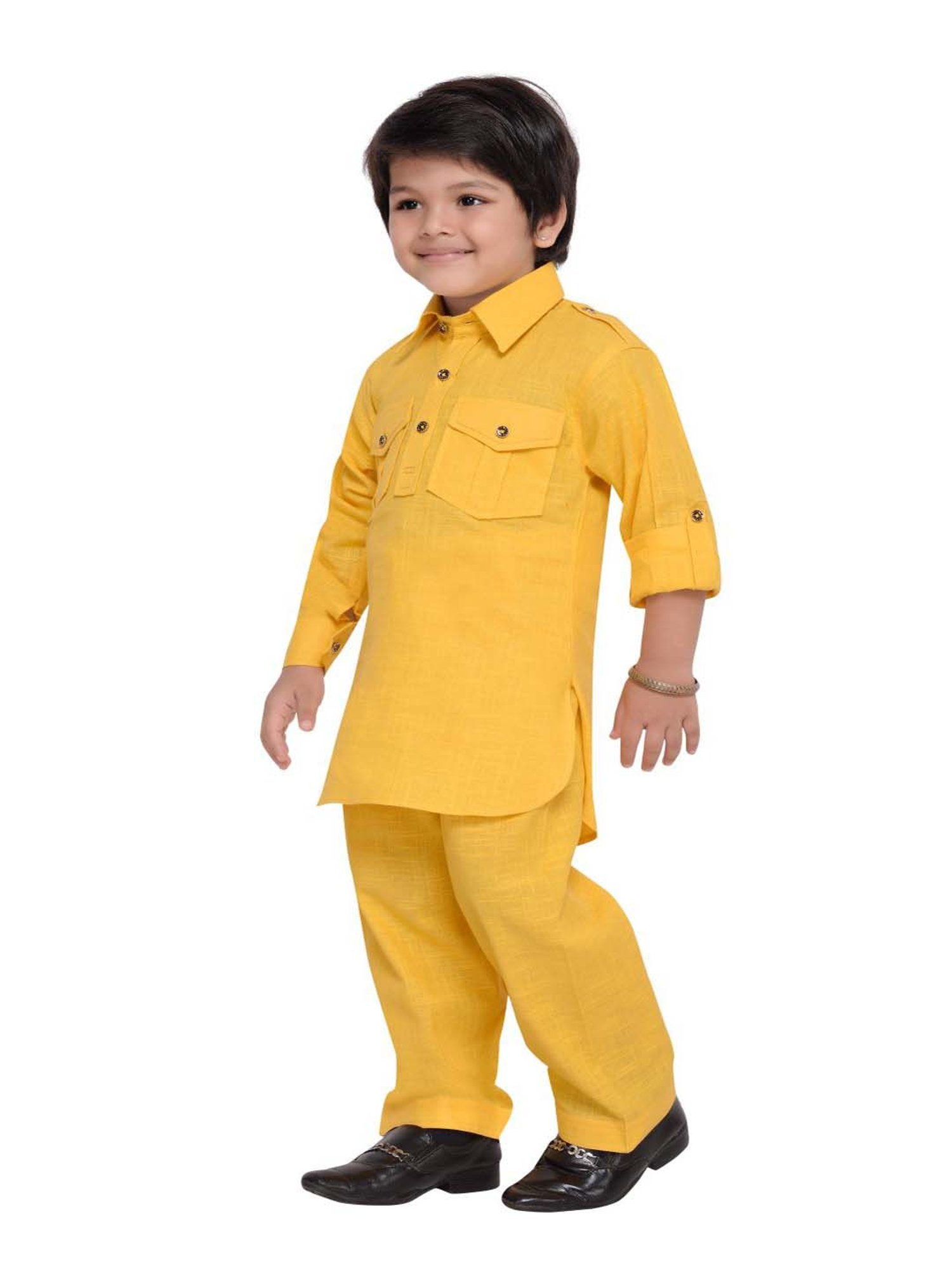 AJ Dezines Kids Yellow Regular Fit Full Sleeves Kurta Set