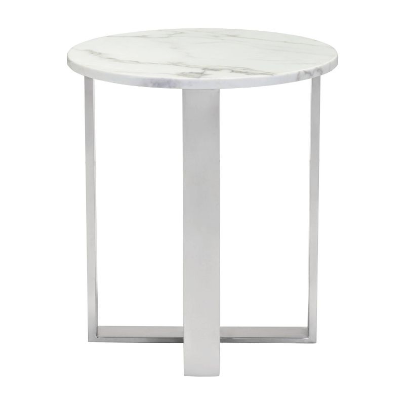 Modern Round Faux Marble Side Table - Stone, Brushed Stainless Steel - Zm Home