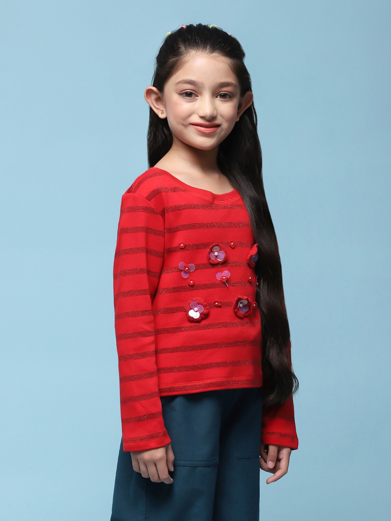 BIBA Girls Kids Red Cotton Applique Full Sleeves Top