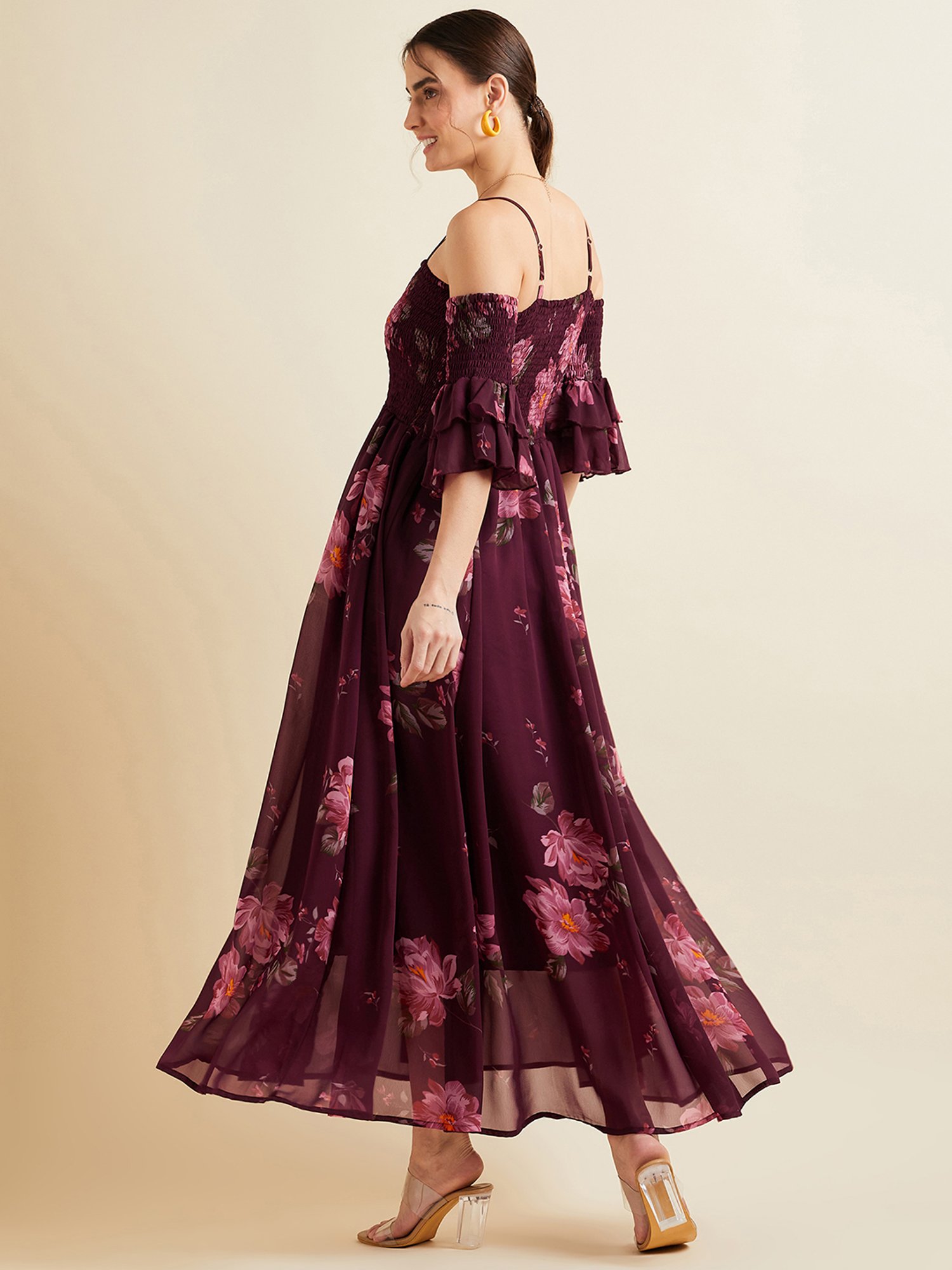 PANIT Maroon Floral Print Ethnic Dress