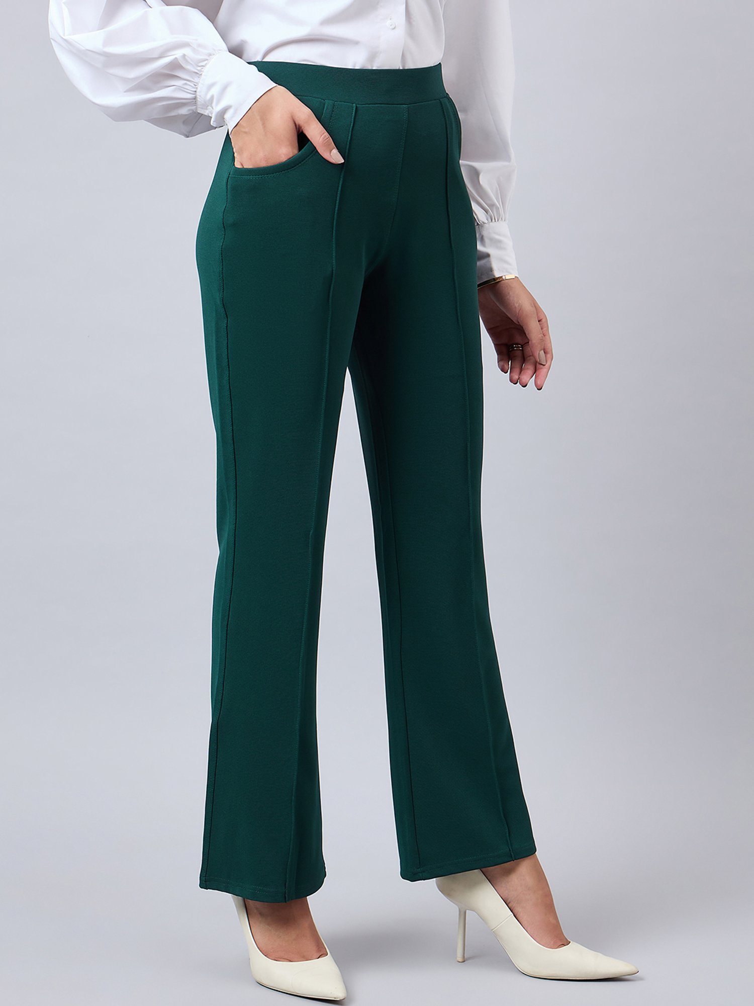 Style Quotient Green Relaxed Fit High Rise Trousers