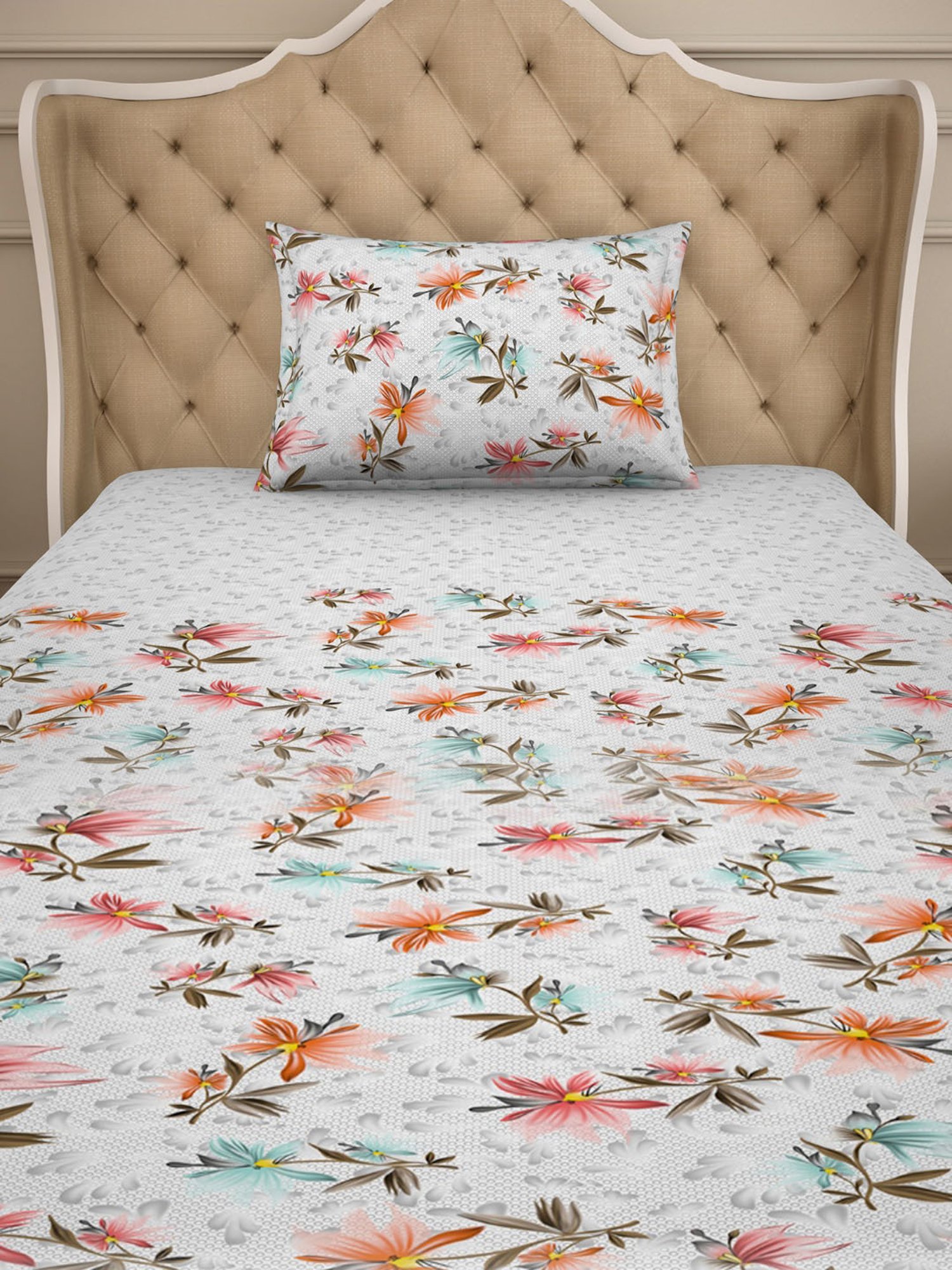Welspun Floral Green 144 TC Cotton Single Bedsheet With Pillow Cover