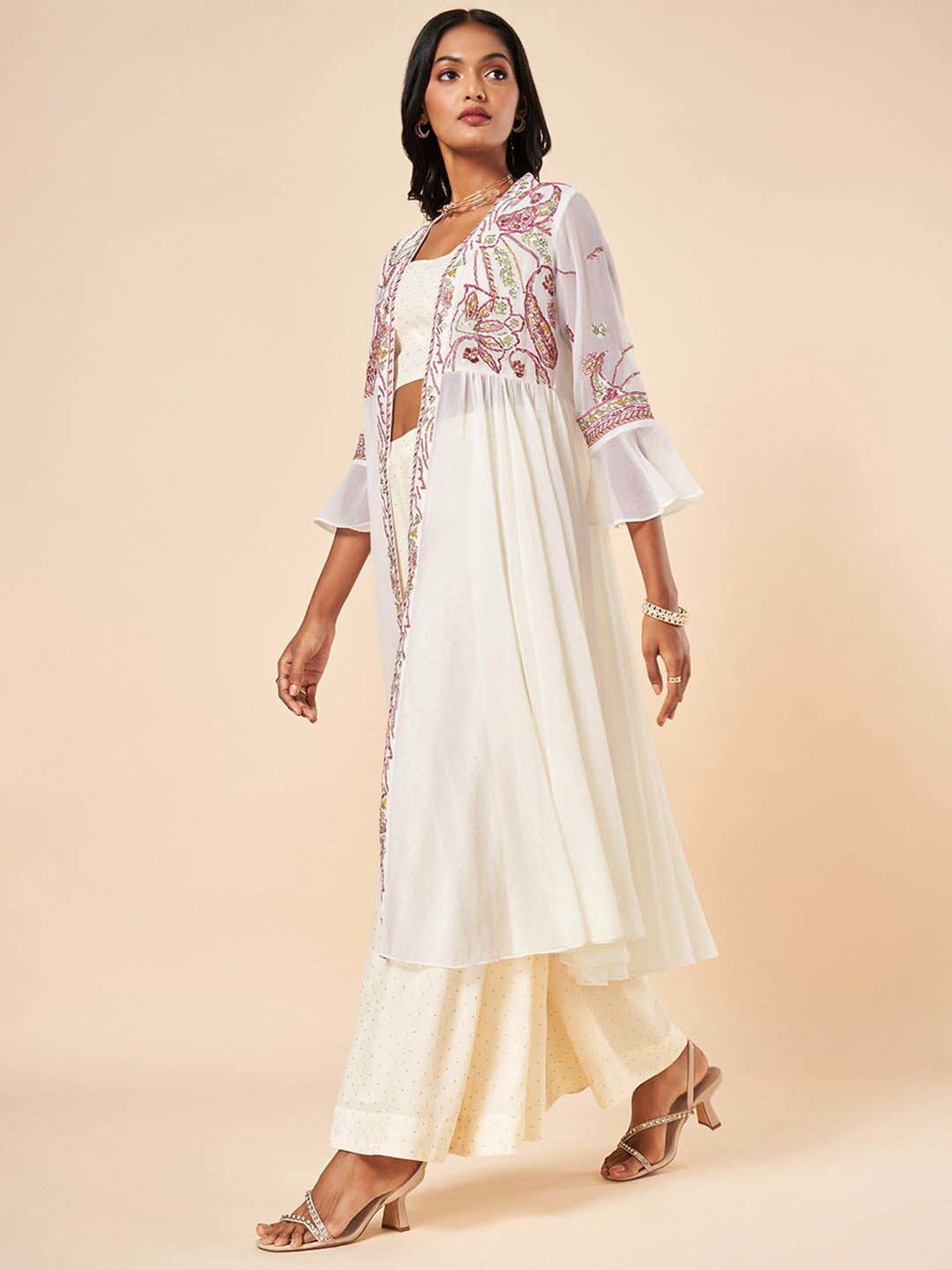 Marigold Lane White Embroidered Crop Top Palazzo Set With Cape