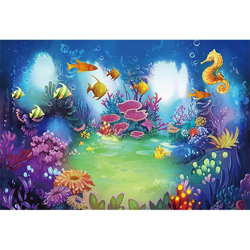 7x5ft Cartoon Marine Theme Vinyl Photography Background Underwater Dreamland Sea Horse Fishes Coral Backdrop Child Kids Baby Birthday Party Banner Safari Mermaid Party Wallpaper