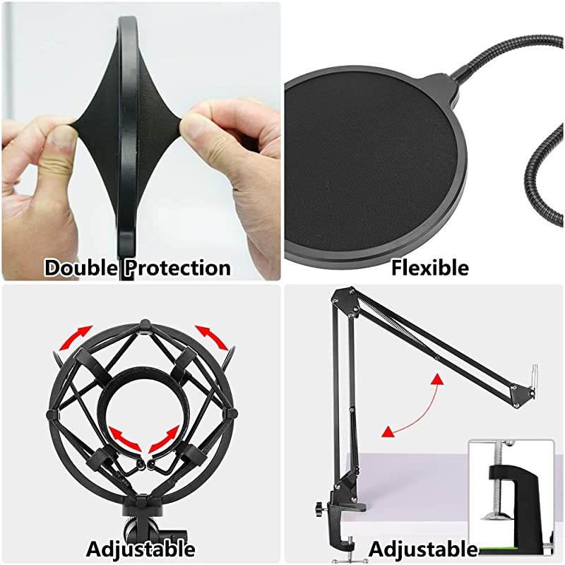 USB Streaming Podcast PC Microphone Professional Studio Cardioid Condenser Mic Kit with Sound Card Boom Arm Shock Mount Pop Filter for Skype Youtuber Gaming Recording