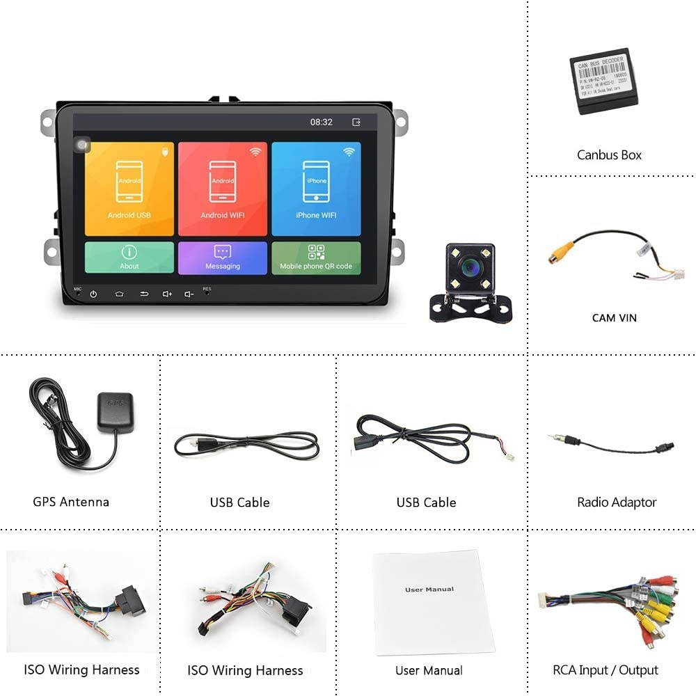 Double Din Car GPS Navigation Head Unit 9" Touch Screen for VW Skoda Octavia Golf Touran Passat B6 Jetta Polo Tiguan in Dash Autoradio Android Car Radio Support Bluetooth WiFi+ Rear View Camera