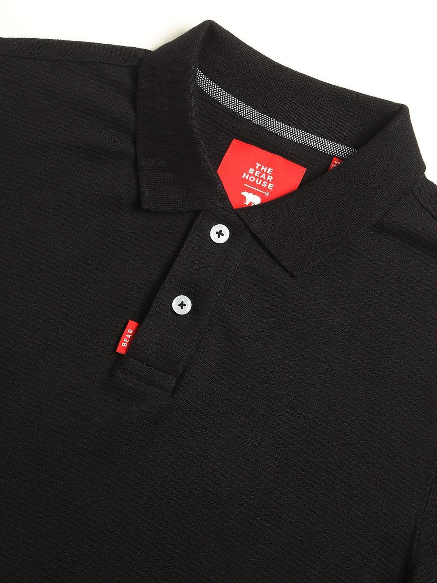 The Bear House Black Cotton Regular Fit Self Pattern Polo T-Shirt