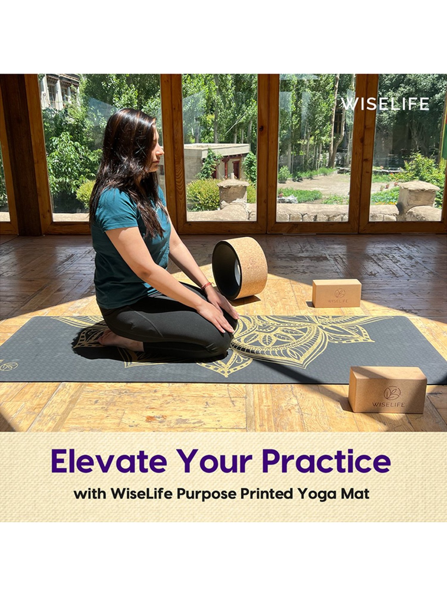 WiseLife Printed Yoga Mat + Yoga Strap (Black)