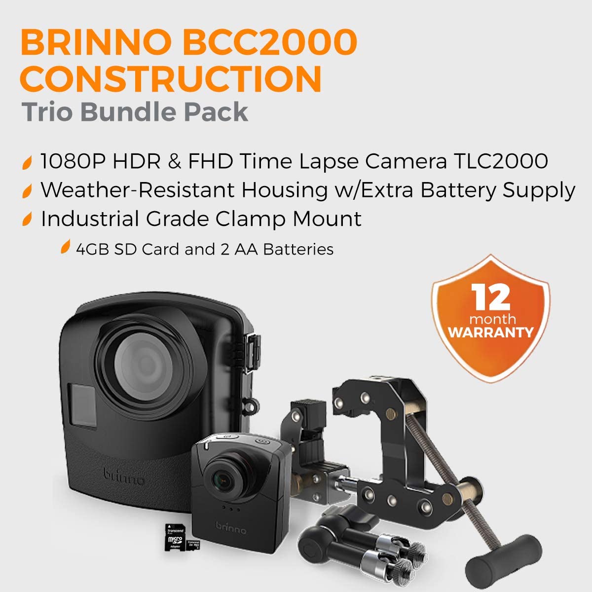 Brinno Construction Trio Bundle Pack BCC2000, Up to 1 Year Battery Life, Perfect for Construction and Outdoor Security, 1080P FHD - Includes Flexible Clamp Mount and Weather Resistant Outdoor Housing