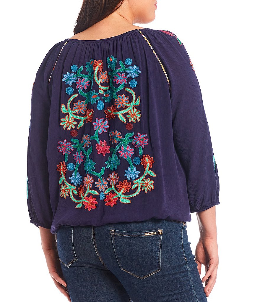John Mark Plus Size Placed Floral Embroidered Tie Round Neck 3/4 Sleeve Peasant Top