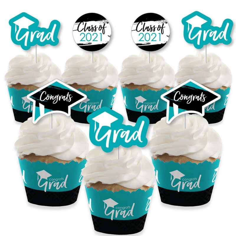 Big Dot of Happiness Teal Grad - Best is Yet to Come - Cupcake Decoration - 2021 Turquoise Grad Party Cupcake Wrappers and Treat Picks Kit - Set of 24